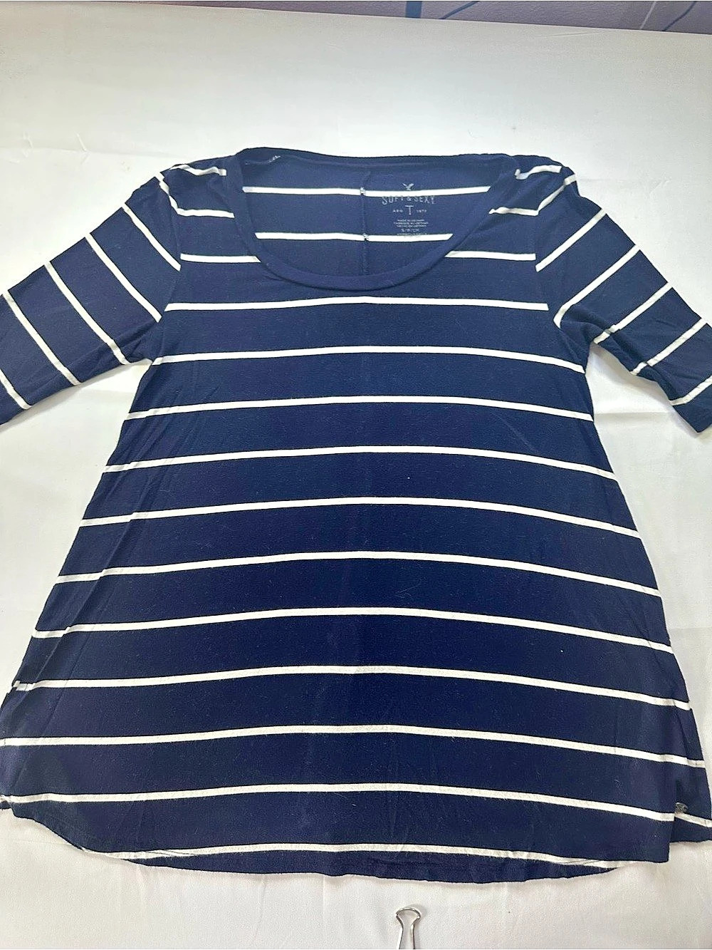 American Eagle Soft & Sexy Striped Short Sleeve Top in Blue & White Size Small